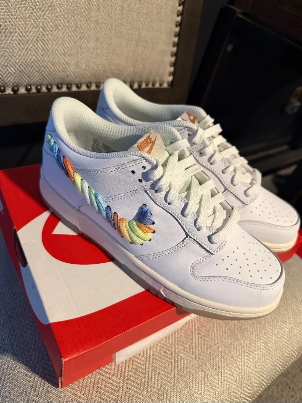 Nike Kids White Low-Top Sneakers with Rainbow Embroidered Swoosh size 6.5Y
